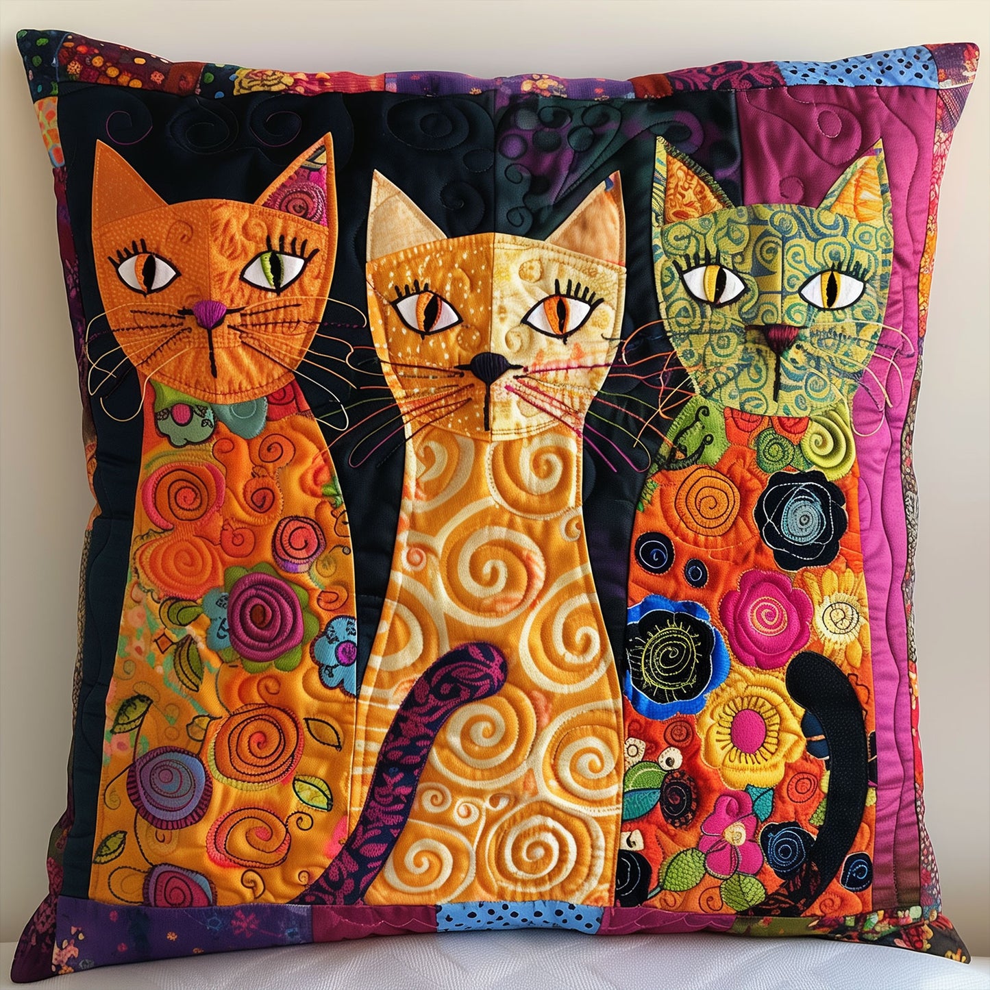 Colorful Whimsical Cats Quilted Pillow Case NCU0HY029