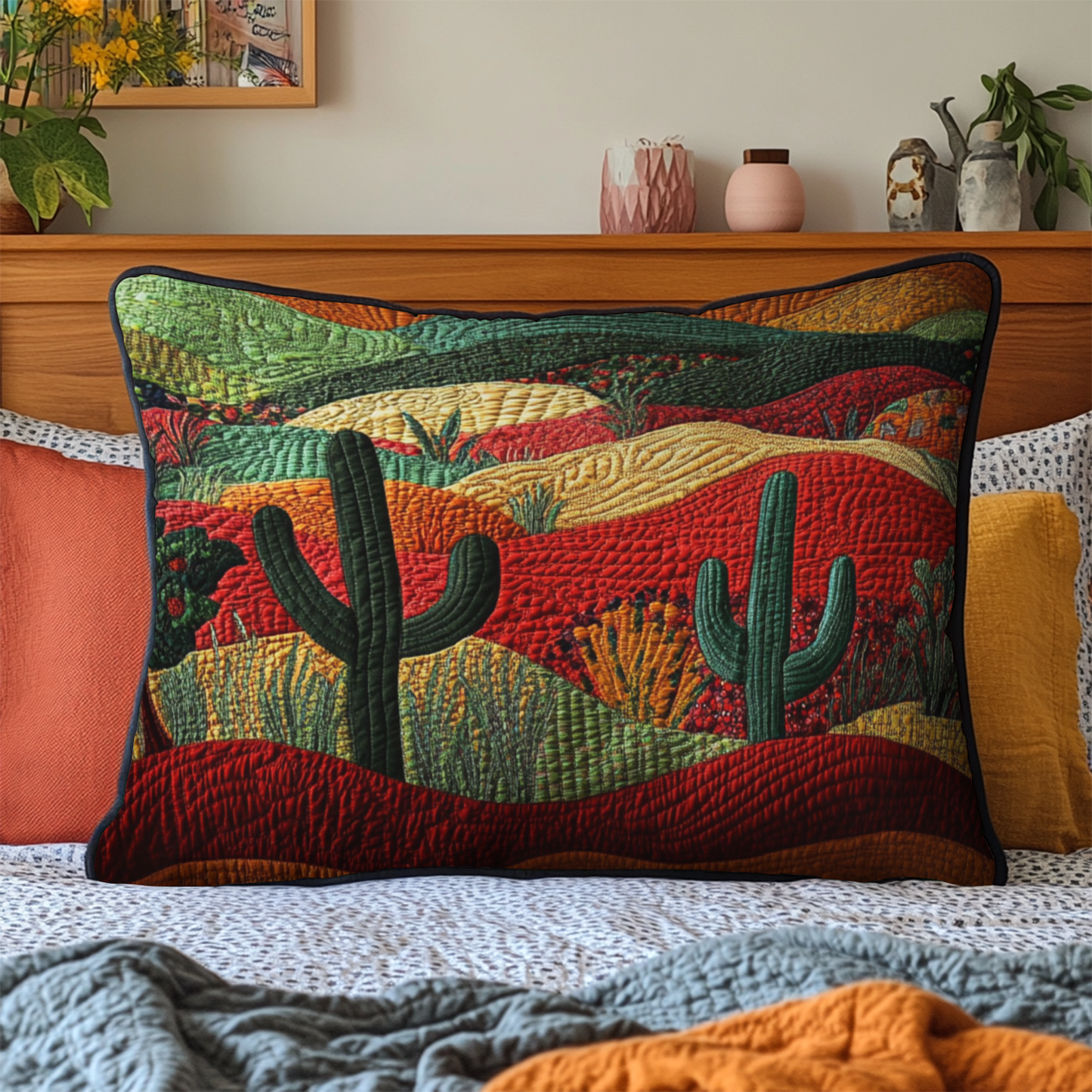Vibrant Sunset Cactus Quilted Bedding Pillow Case NCU0NT4307