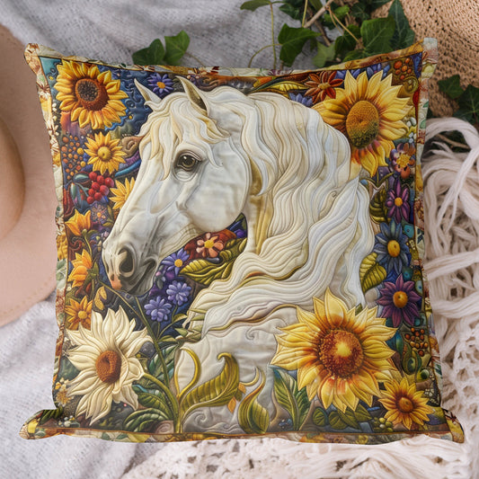 White Horse Amongst Flowers Quilted Pillow Case NCU0TL061