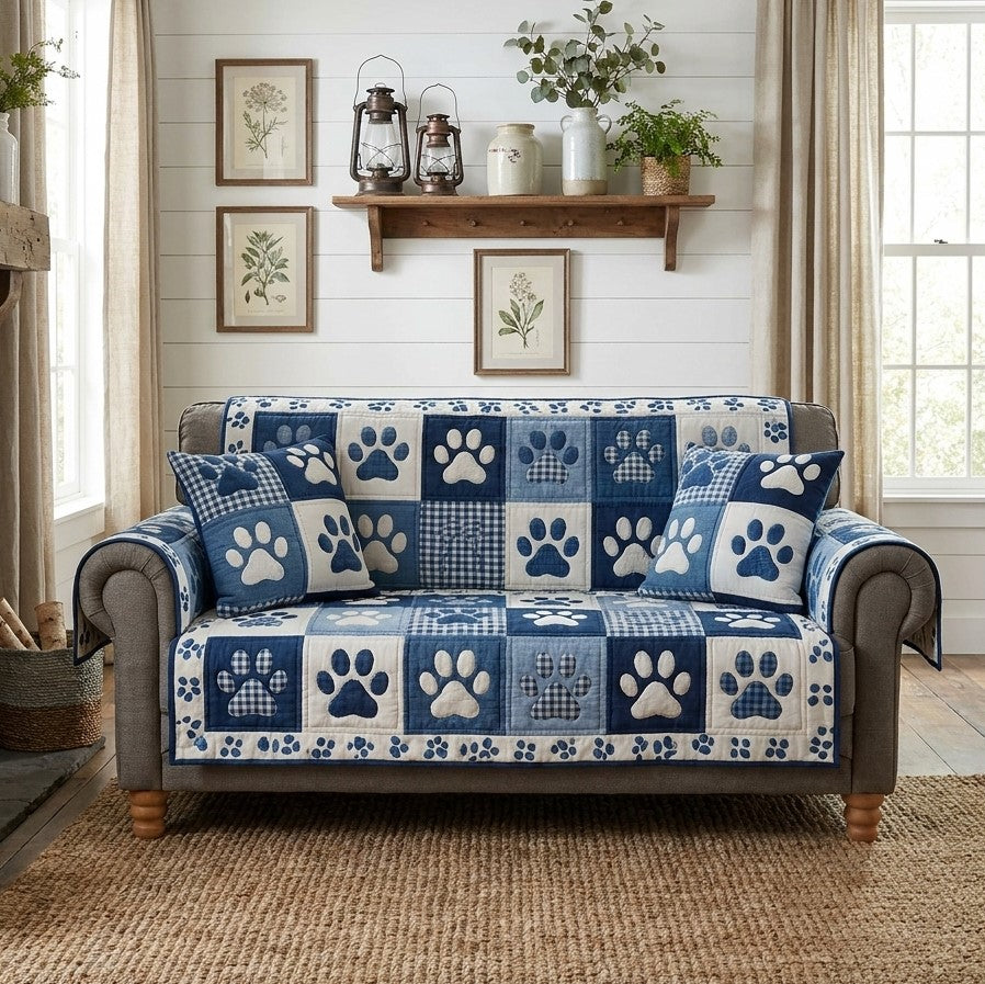 Blue Paw Patchwork Quilted Sofa Cover NCU0TV871