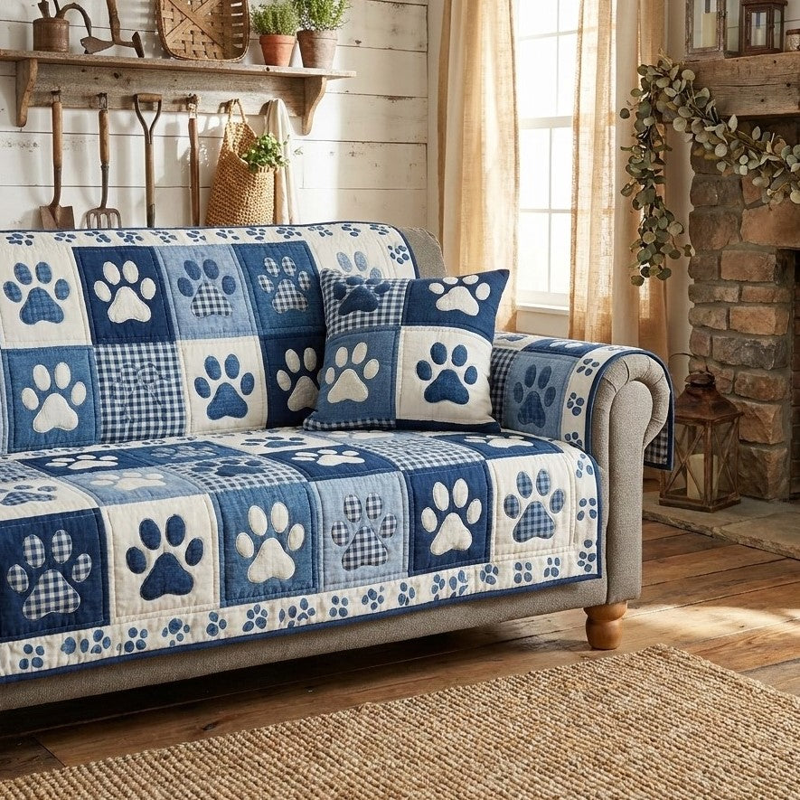 Blue Paw Patchwork Quilted Sofa Cover NCU0TV871