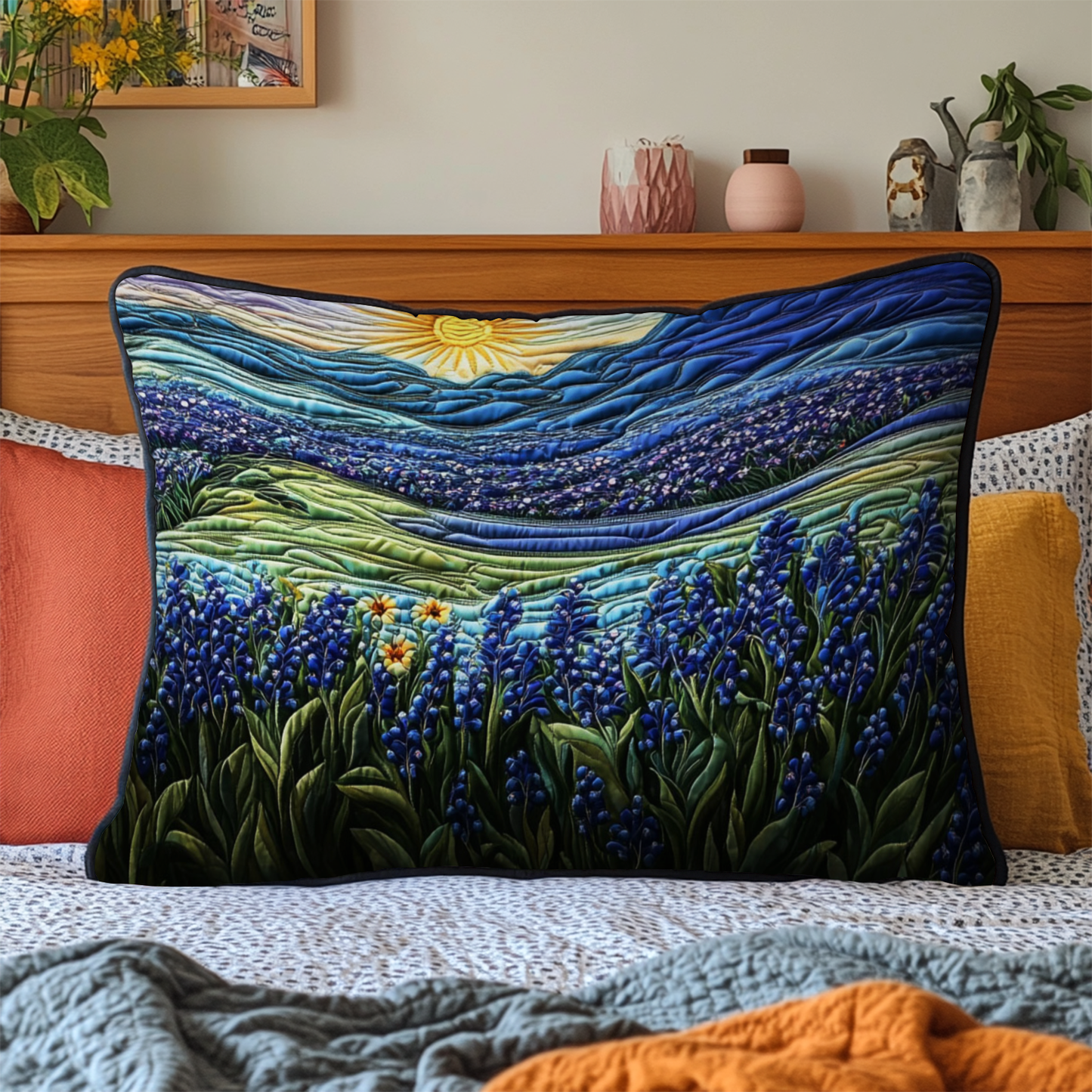 Sunset Bluebonnet Quilted Bedding Pillow Case NCU0NT6045