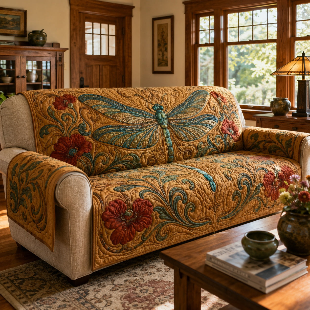 Amber Poppy Flight Quilted Sofa Cover NCU0VL3813
