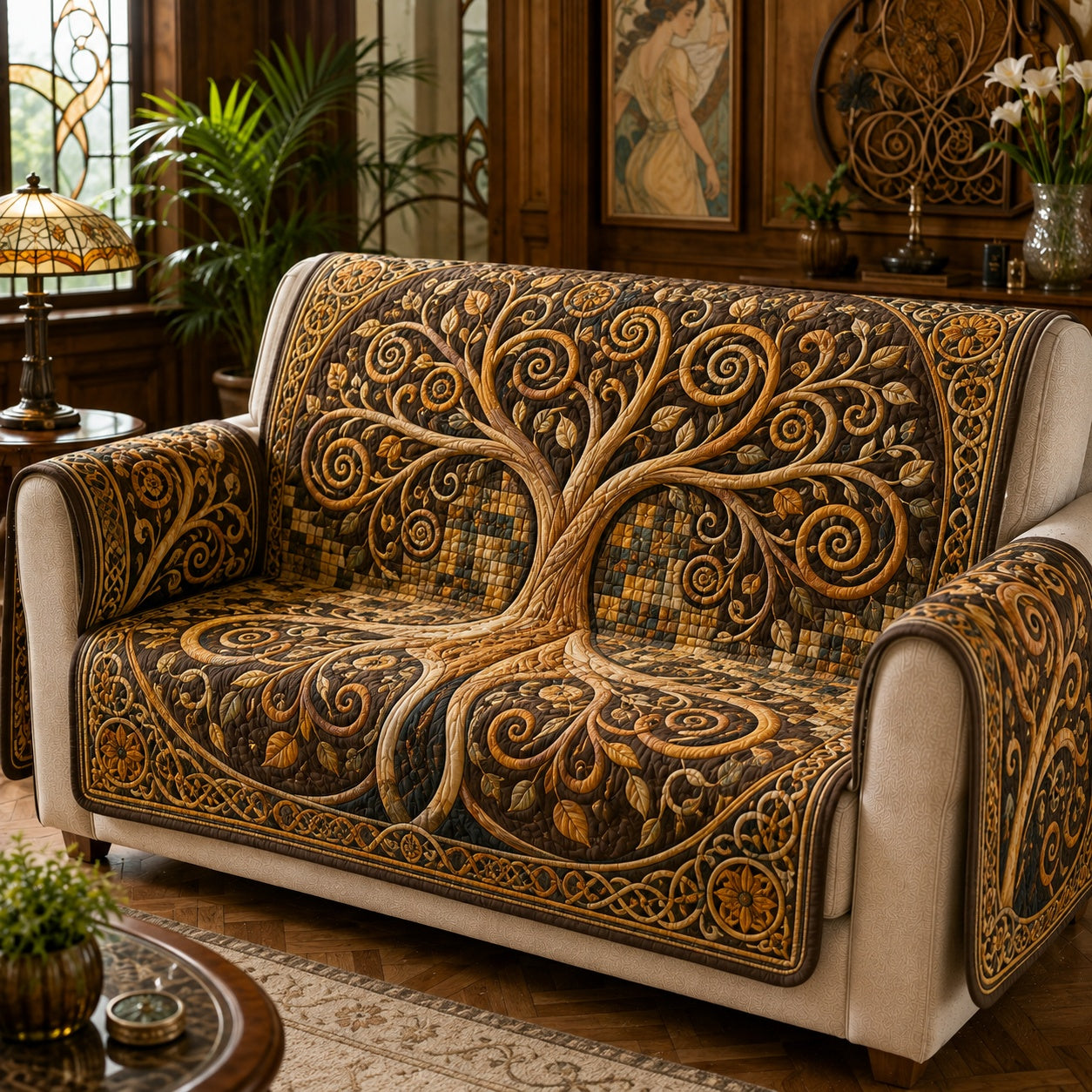 Amber Spiral Eternity Quilted Sofa Cover NCU0VL3841