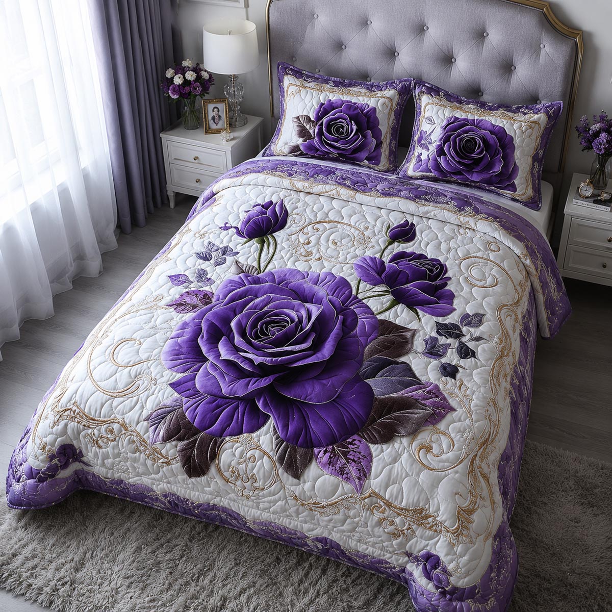 Amethyst Bloom 3-Piece Quilted Bedding Set NCU0DV3631