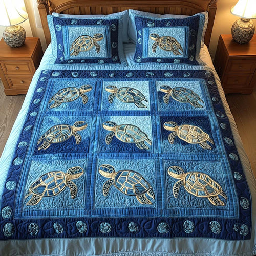 Aqua Patterns 3-Piece Quilted Bedding Set NCU0NT2448
