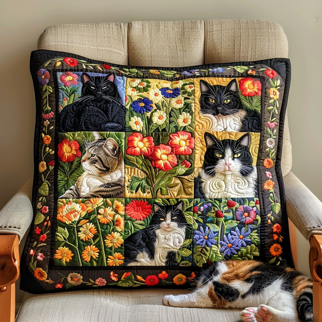 Artistic Cat-Themed Quilted Pillow Case NCU0PD355