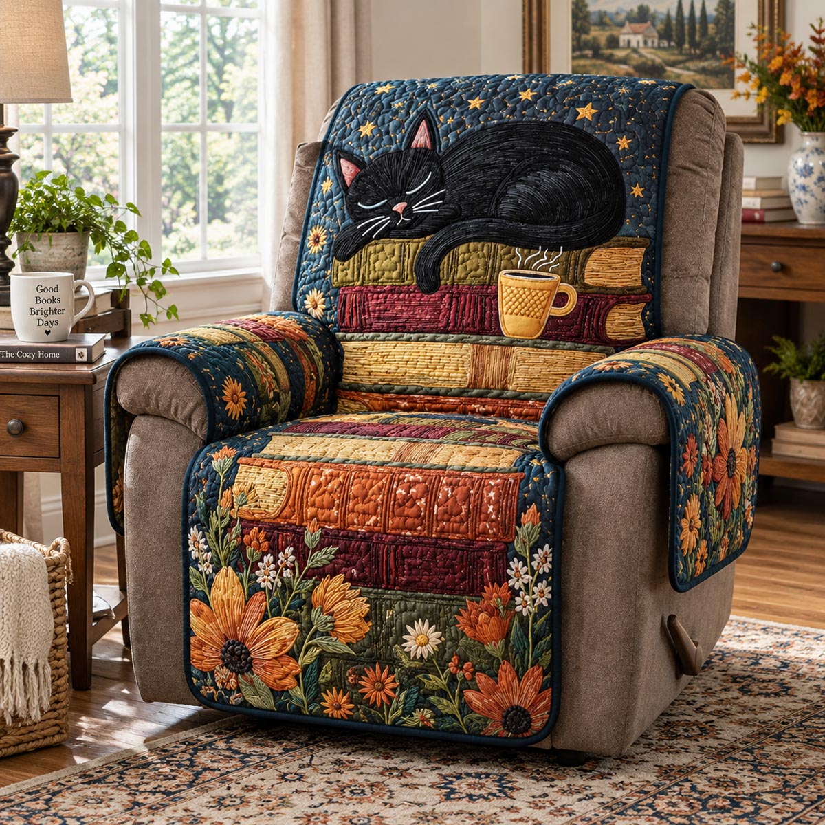 Autumn Bookshop Cat Quilted Sofa Cover NCU0DV10241