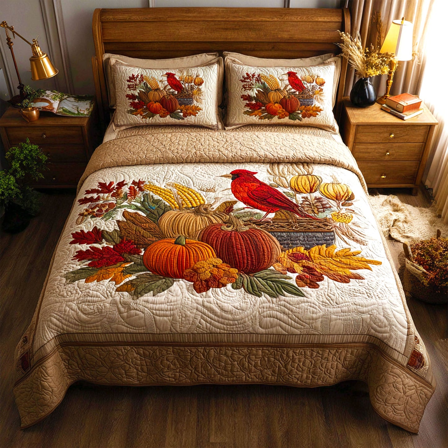 Autumn Cardinal 3-Piece Quilted Bedding Set NCU0TV033