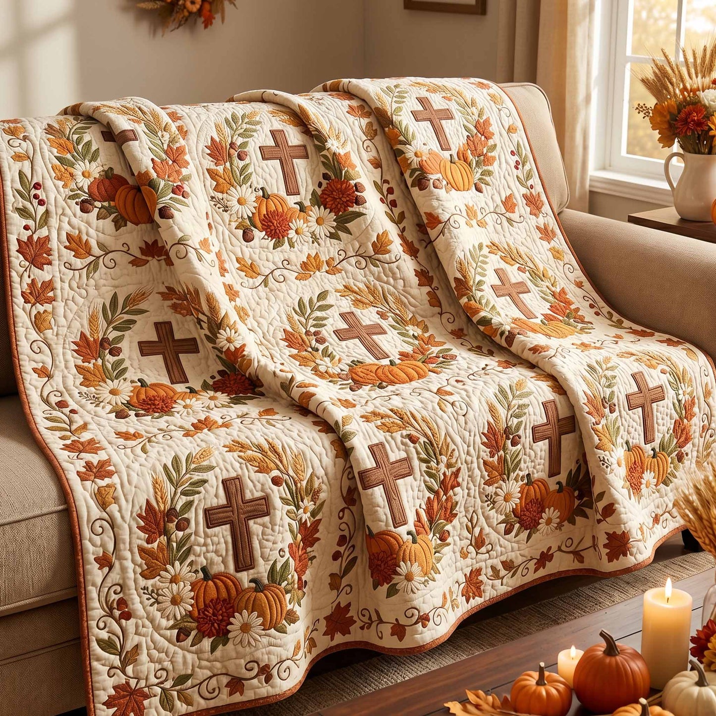 Autumn Cross Pumpkins Quilted Blanket NCU0XD2909