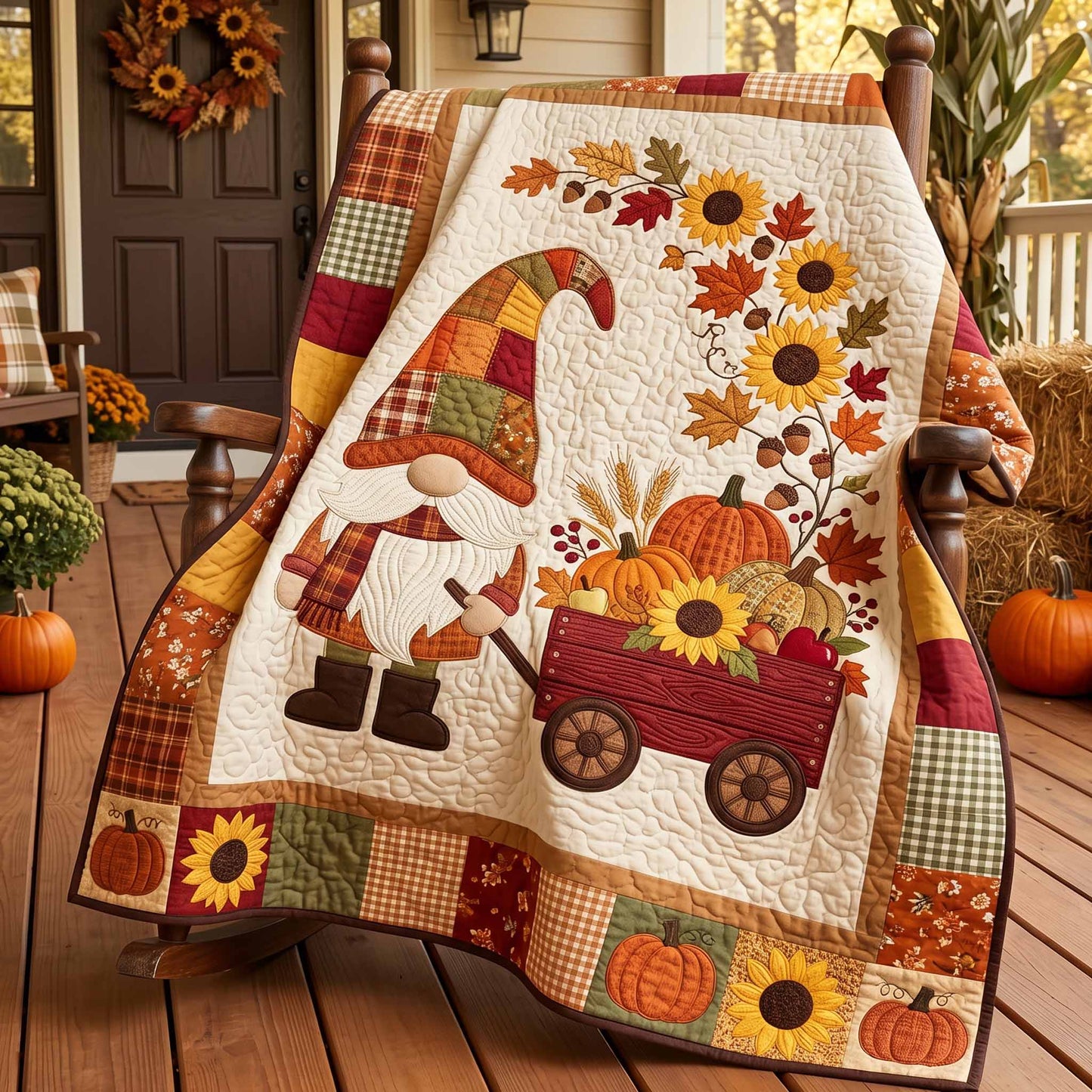 Autumn Gnome Wagon Quilted Blanket NCU0XD2895