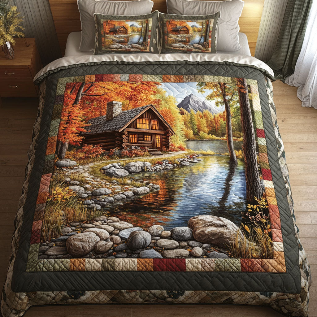 Autumn Lakeside Cabin 3-Piece Quilted Bedding Set NCU0NT3068
