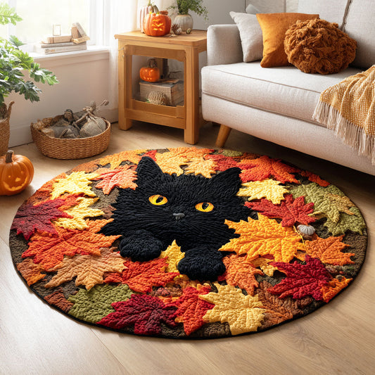 Autumn Leaf Cat Quilted Round Mat NCU0TD751