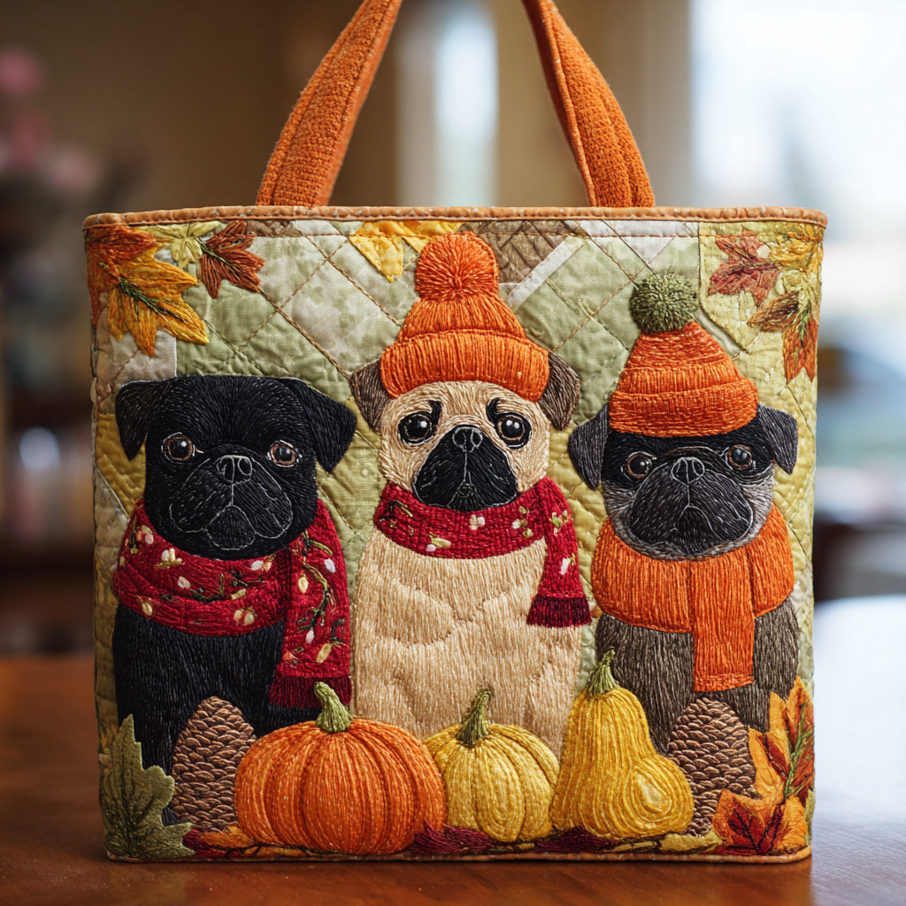 Autumn Pug Crew Quilted Tote Bag NCU0HH119