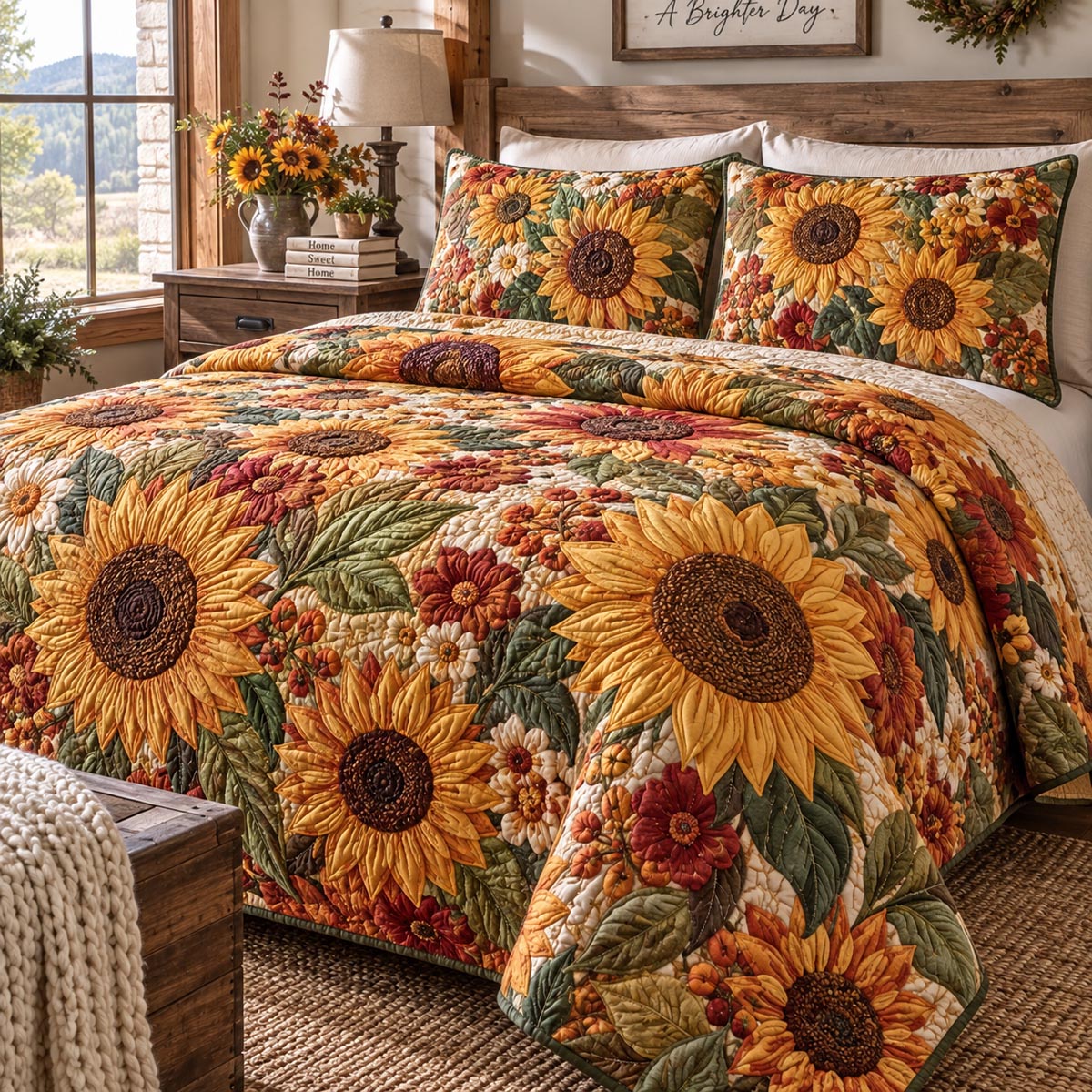 Autumn Sunflower Garden 3-Piece Quilted Bedding Set NCU0DV10160