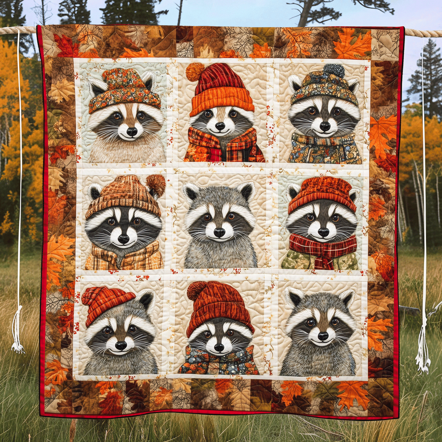 Autumn Vibe Raccoon Quilted Blanket NCU0DV547