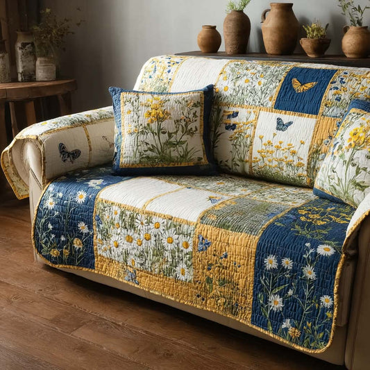 Azure Daisy Quilted Sofa Cover NCU0HH1830