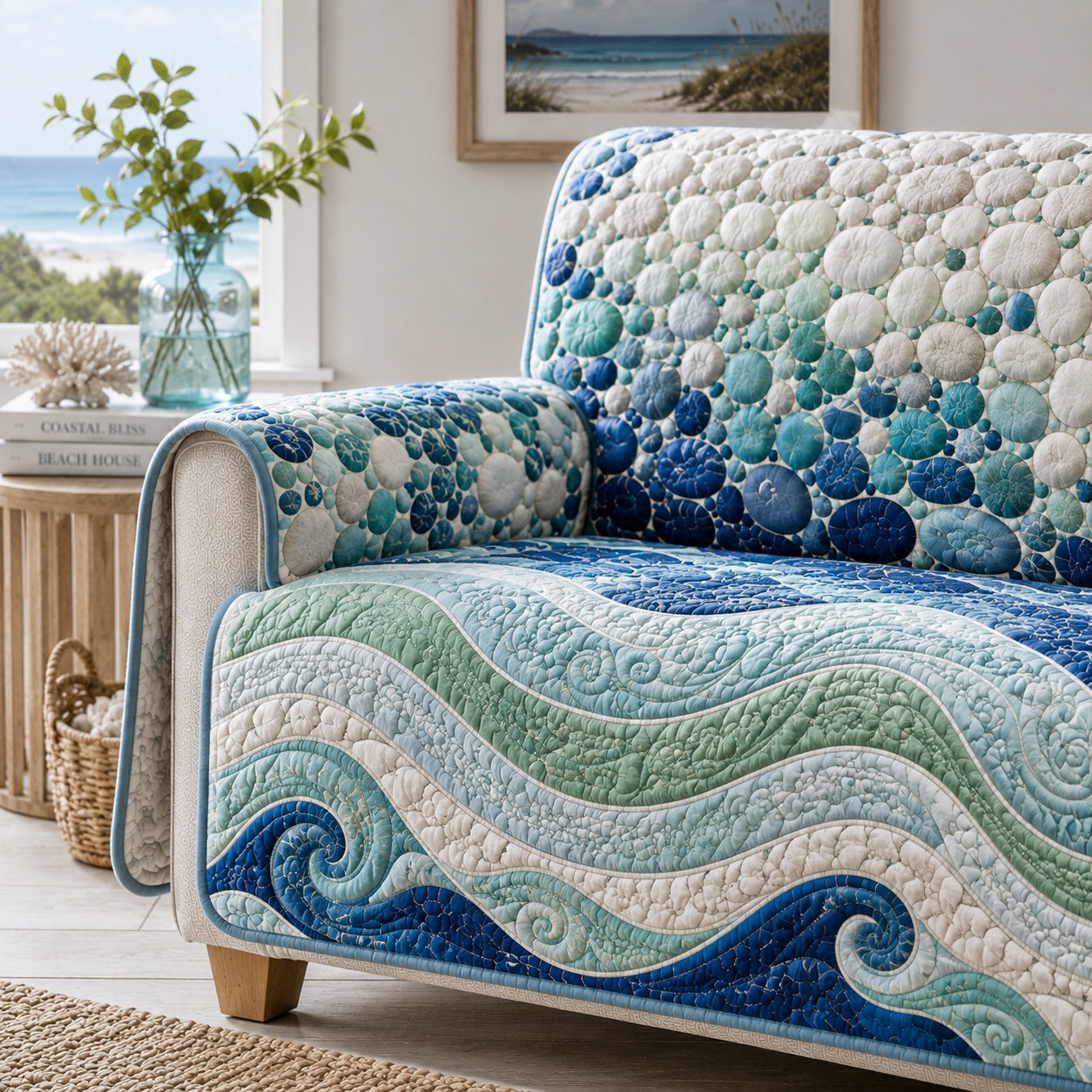 Azure Surge Crest Quilted Sofa Cover NCU0VL3972