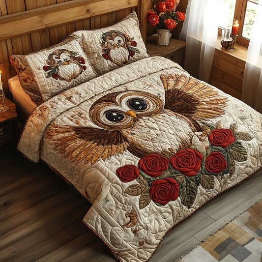 Baby Owl with Rose 3-Piece Quilted Bedding Set NCU0DV6156