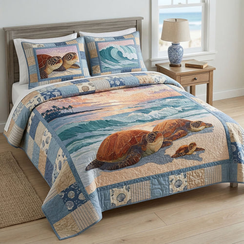 Beach Turtle Family 3-Piece Quilted Bedding Set NCU0NT12514