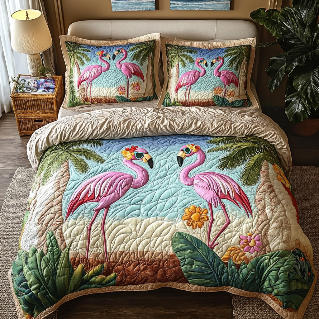 Beachside Flamingos 3-Piece Quilted Bedding Set NCU0DV5991