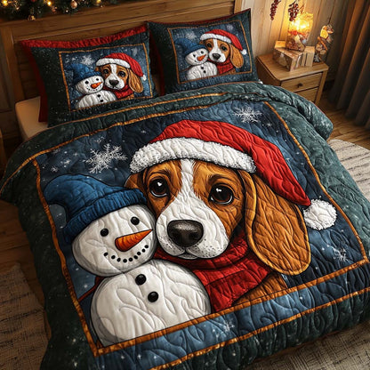 Beagle With Snowman 3-Piece Quilted Bedding Set NCU0XD709