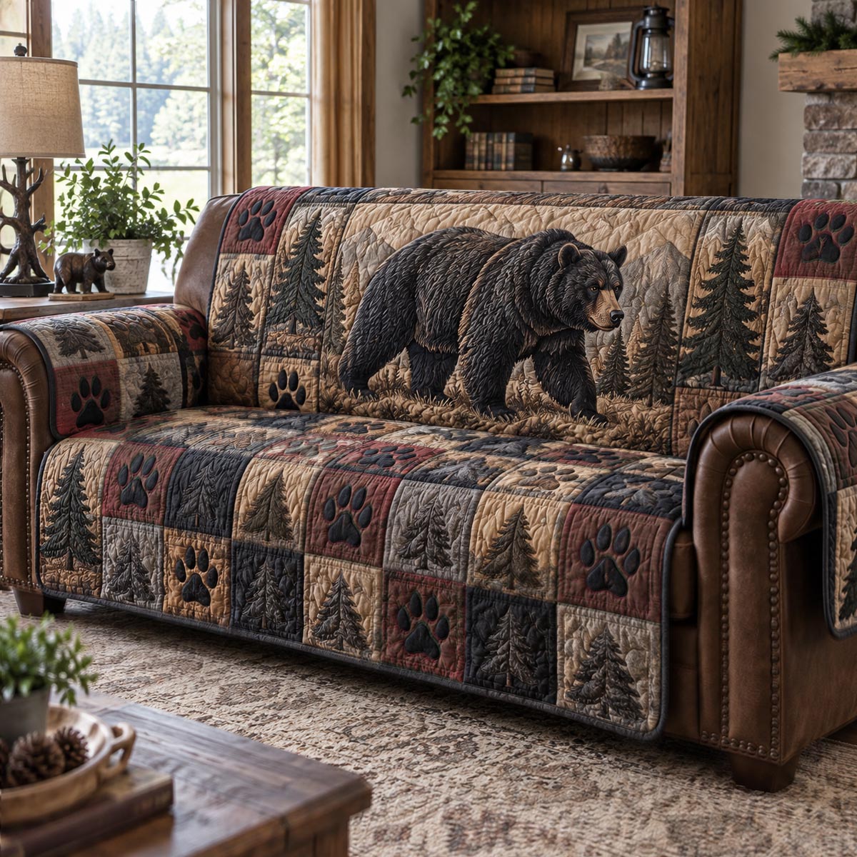 Bear Forest Lodge Quilted Sofa Cover NCU0DV10122