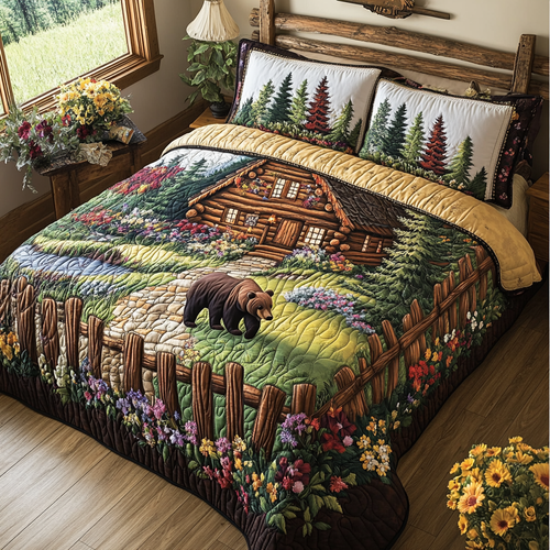 Bear Garden Cabin 3-Piece Quilted Bedding Set NCU0VL2605