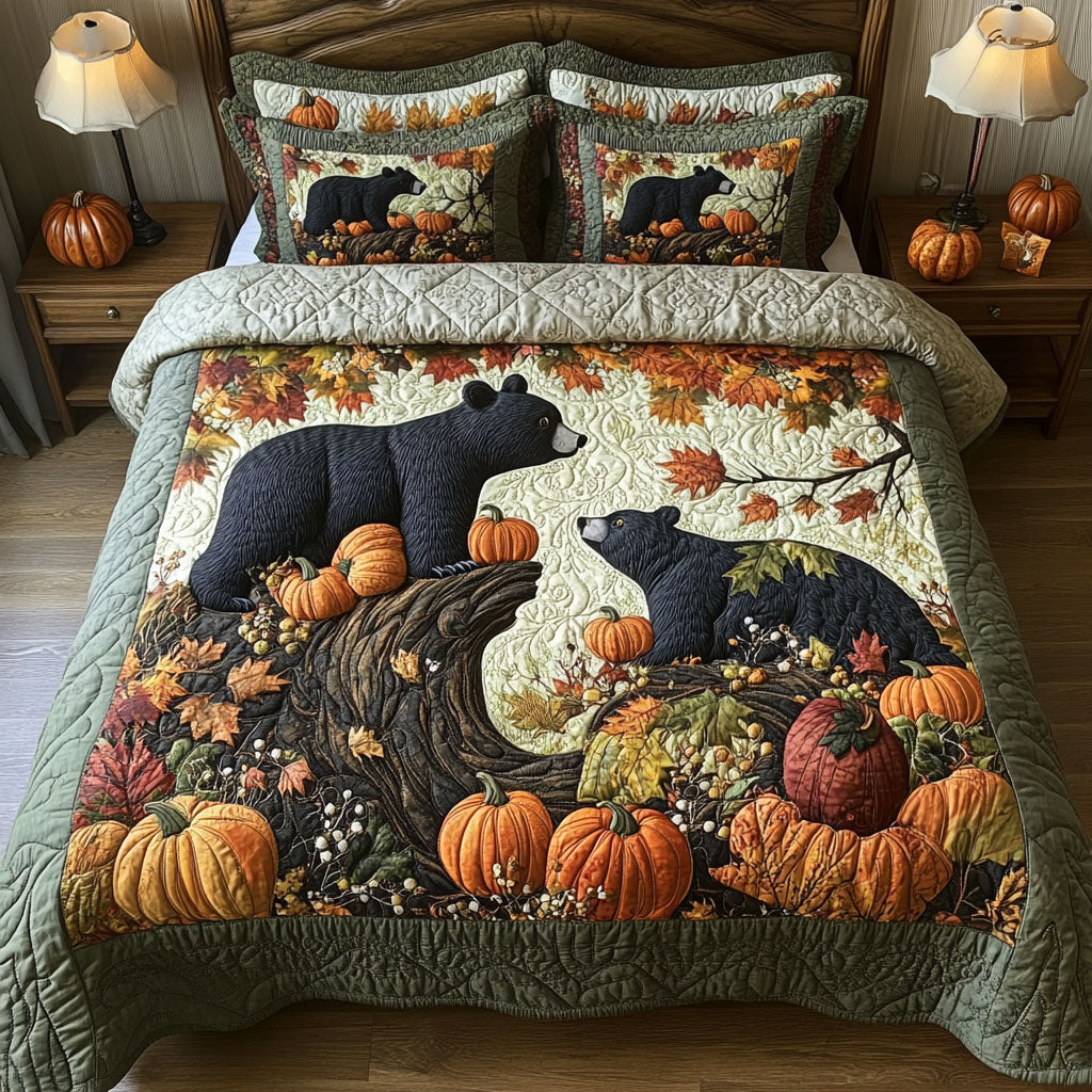 Bear on Fall Path 3-Piece Quilted Bedding Set NCU0PT8107