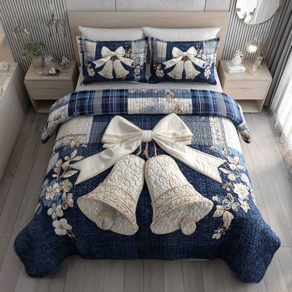 Bell Ribbon Blue 3-Piece Quilted Bedding Set NCU0HH854