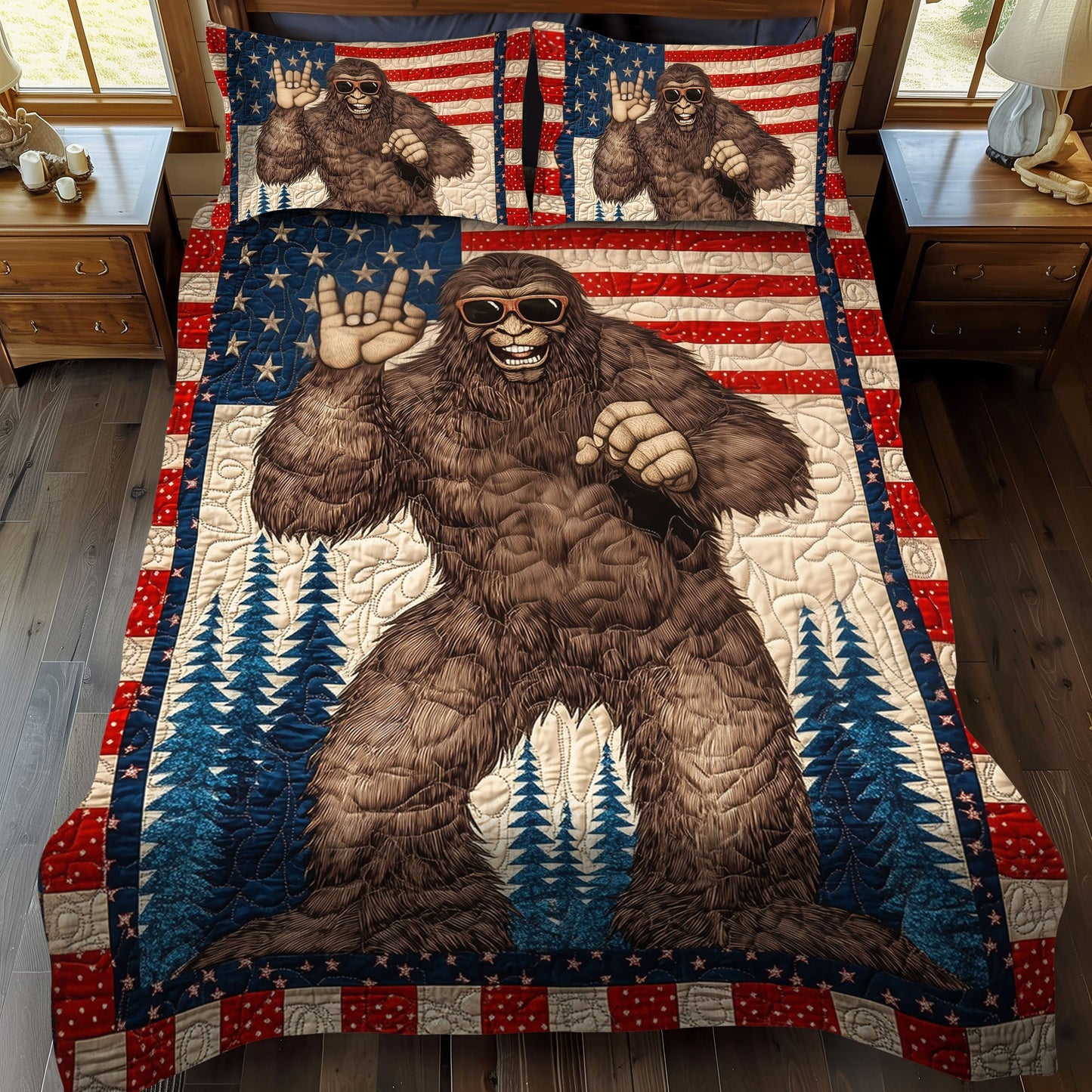 Bigfoot and the Flag 3-Piece Quilted Bedding Set NCU0PT7713