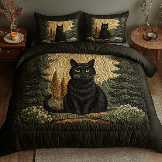 Black Cat Forest Quilted Bedding Set NCU0DV5734