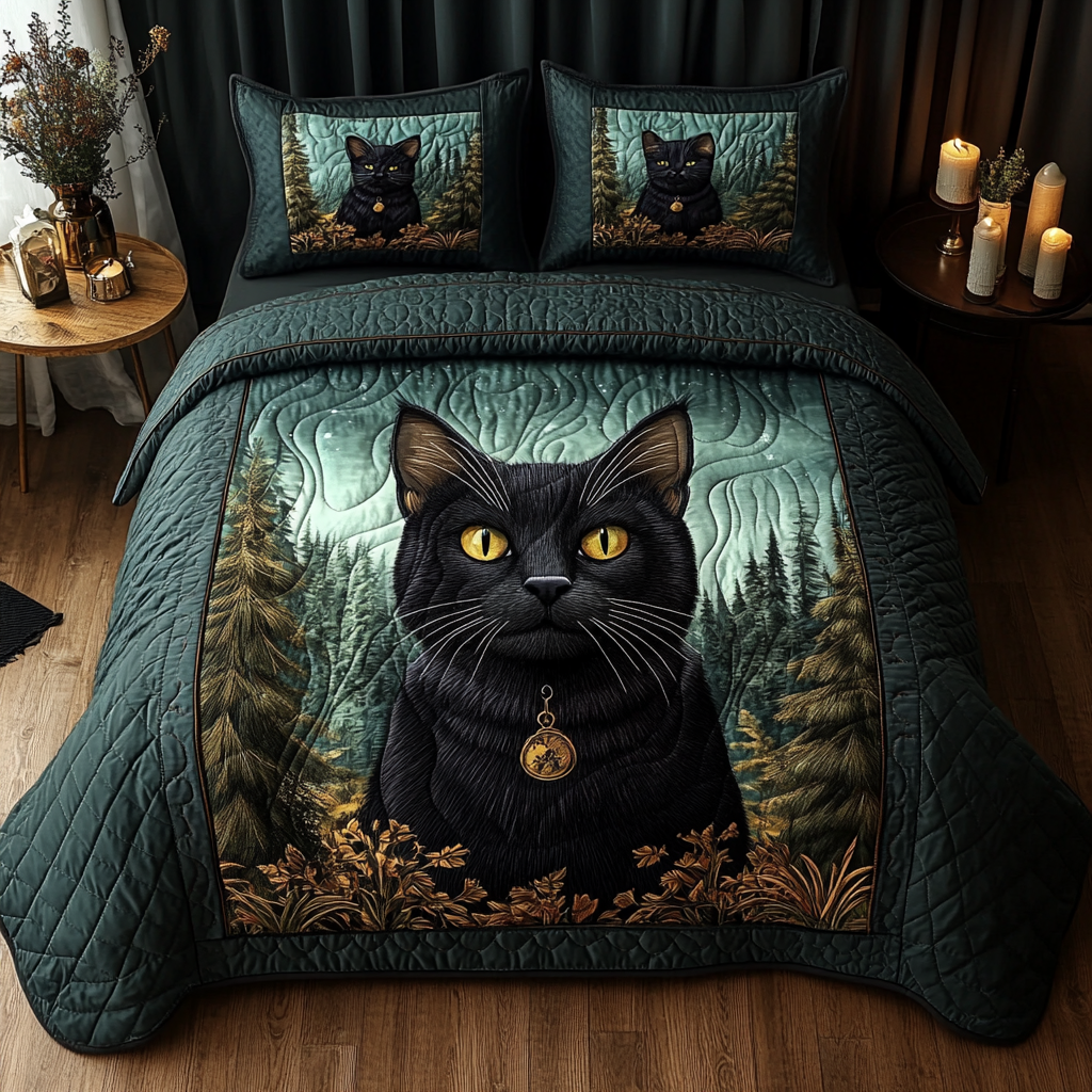 Black Cat Glow Quilted Bedding Set NCU0DV5733