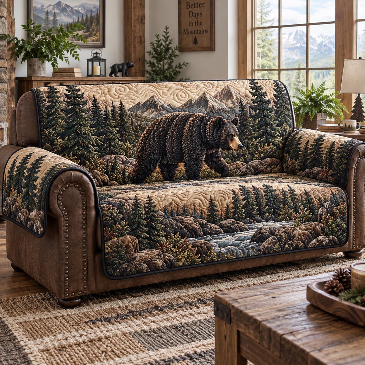 Black Bear Forest Quilted Sofa Cover NCU0DV10094