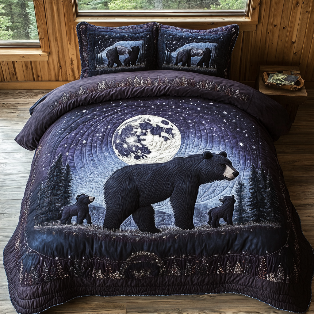 Black Bear Moonlight 3-Piece Quilted Bedding Set NCU0DV6174