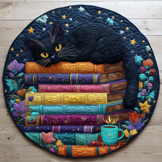 Black Cat Book Stacks Quilted Round Mat NCU0HH700