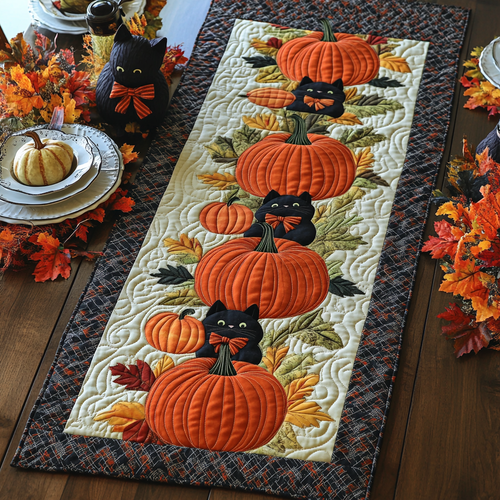 Black Cat Harvest Quilted Table Runner NCU0DK9696