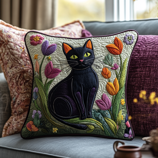 Black Cat Lilies Quilted Pillow Case NCU0DV5860