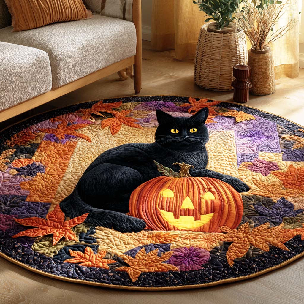 Black Cat Night Quilted Round Mat NCU0TD158