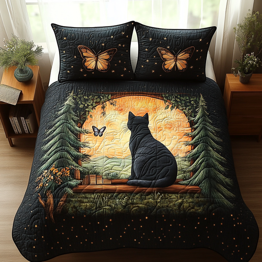 Black Cat Window 3-Piece Quilted Bedding Set NCU0DV5723