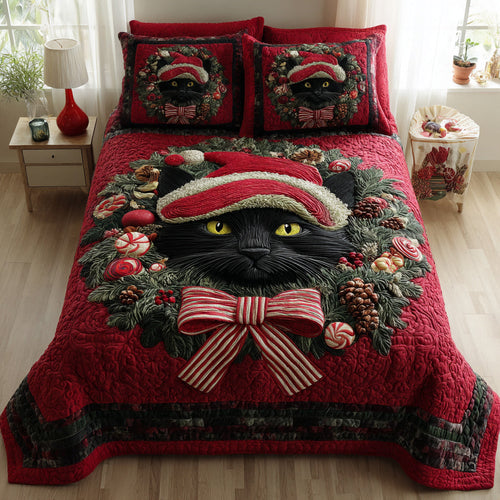 Black Cat Wreath 3-Piece Quilted Bedding Set NCU0HH658