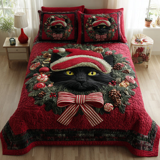 Black Cat Wreath 3-Piece Quilted Bedding Set NCU0HH658