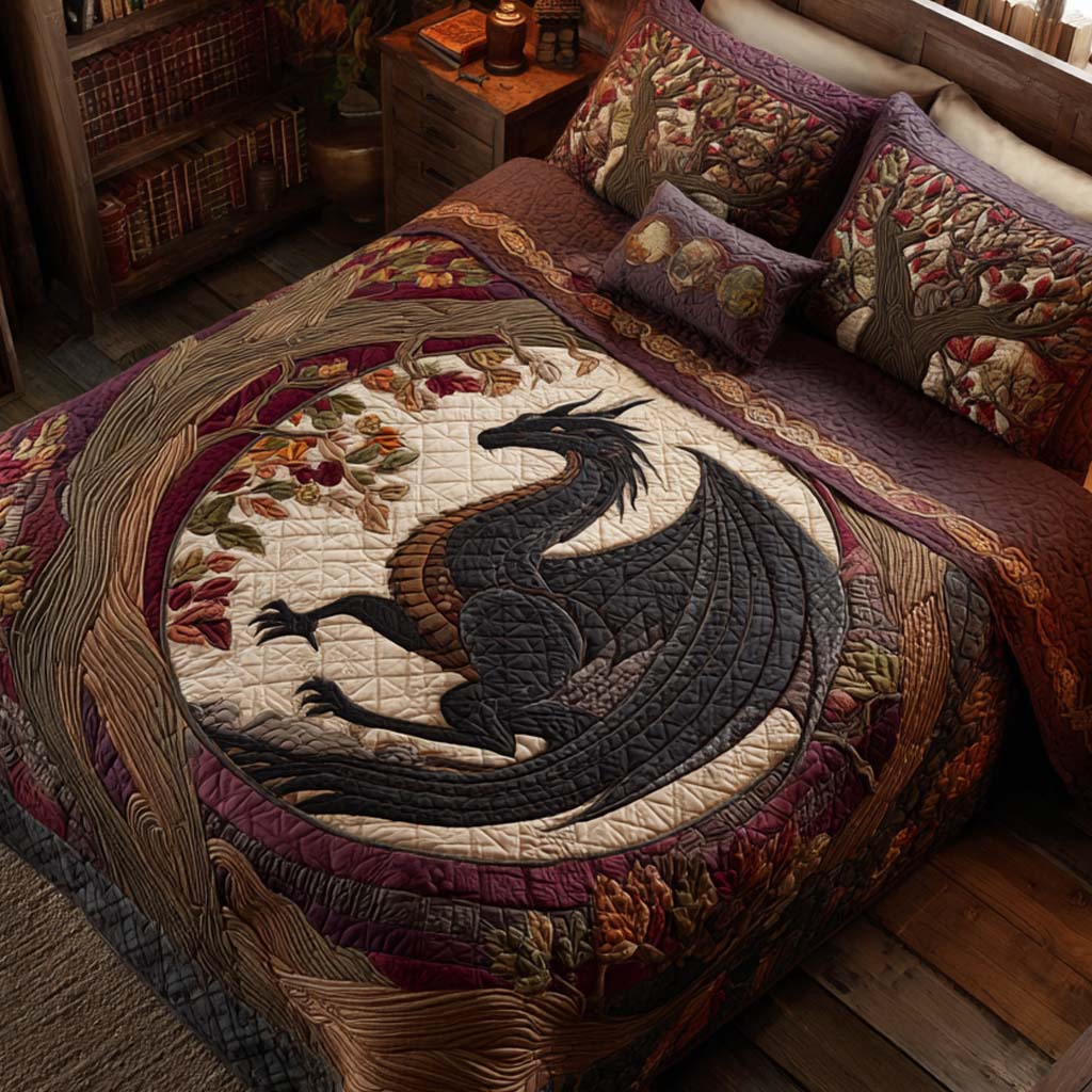 Black Dragon Library 3-Piece Quilted Bedding Set NCU0XD1907