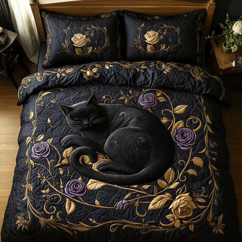 Black Rose Cat 3-Piece Quilted Bedding Set NCU0DV2835