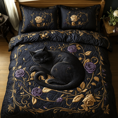 Black Rose Cat 3-Piece Quilted Bedding Set NCU0DV2835