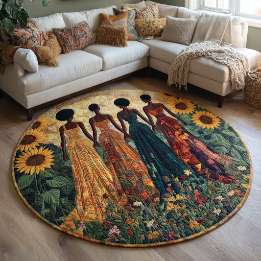 Black Women Sunflower Field Quilted Round Mat NCU0HH807