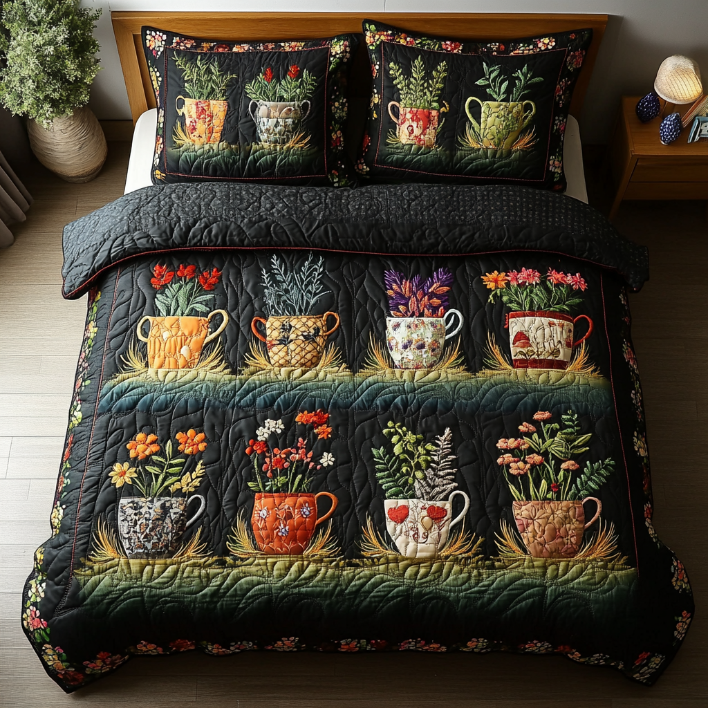 Blooming Cups 3-Piece Quilted Bedding Set NCU0DK9309