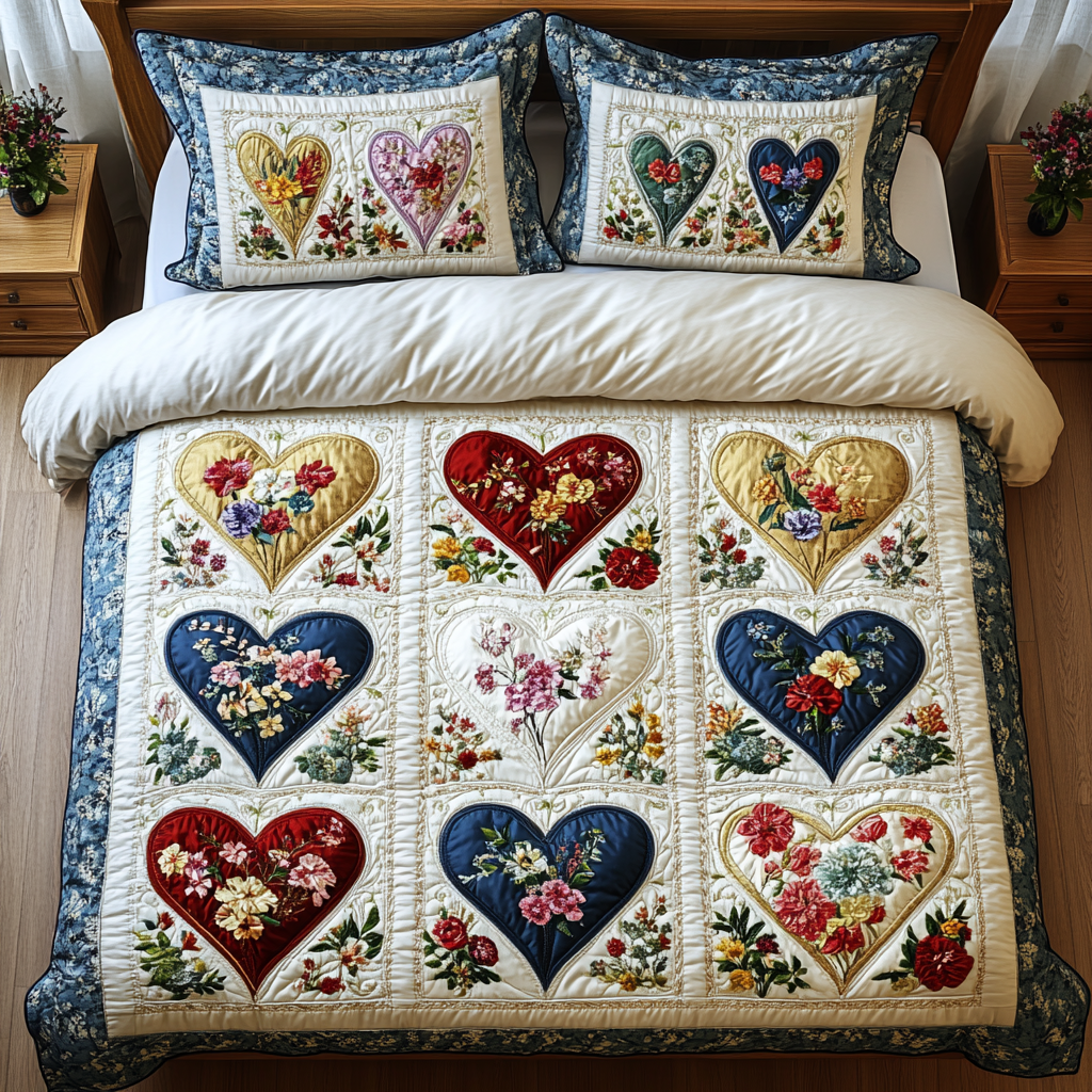 Blooming Hearts 3-Piece Quilted Bedding Set NCU0DV2725