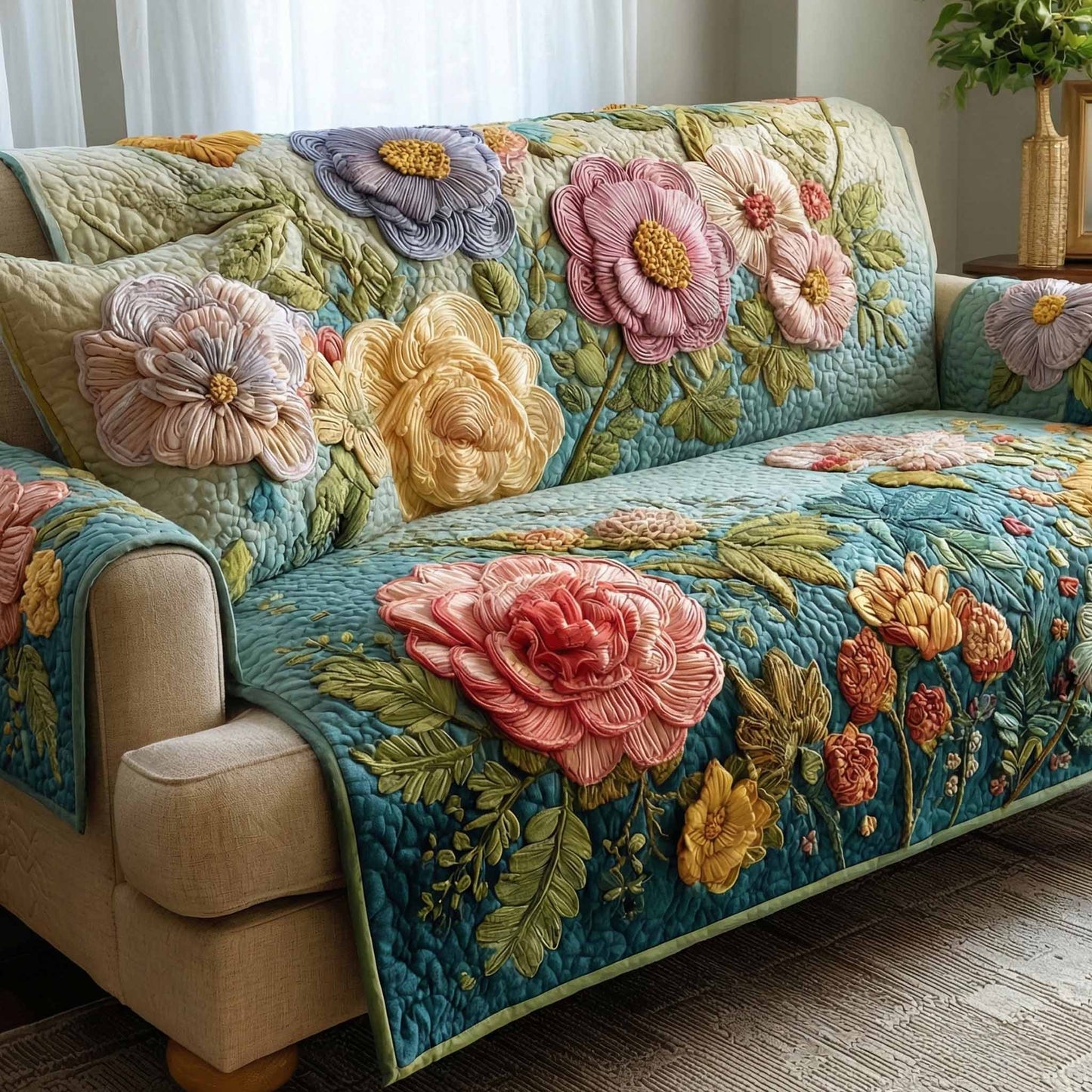 Blooming Peonies Quilted Sofa Cover NCU0XD2440