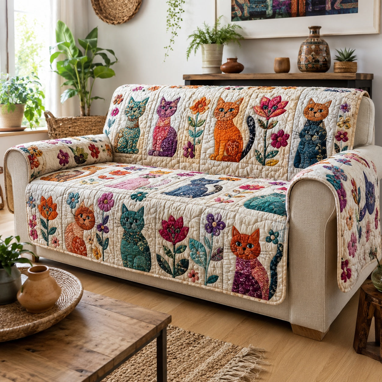 Blooming Whisker Garden Quilted Sofa Cover NCU0VL3914